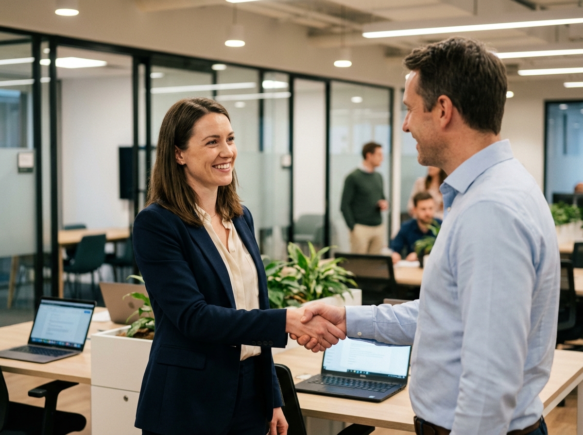 Femme d'affaires serrant la main dans un bureau moderne