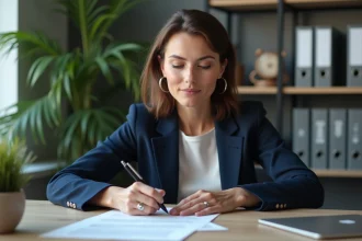 Femme en blazer navy signant un document au bureau