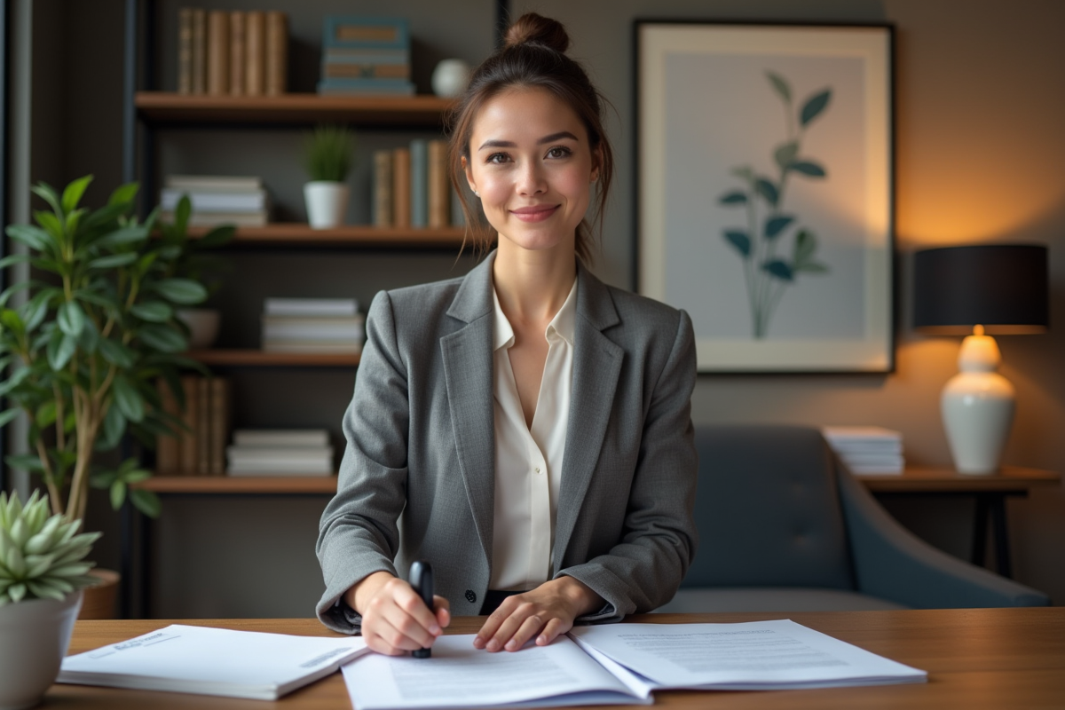Jeune femme professionnelle tamponne un contrat dans un bureau