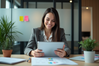 Femme concentrée utilisant une tablette pour la stratégie