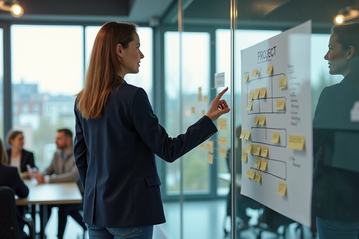 Femme suisse en réunion expliquant un projet