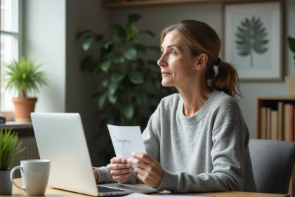 Femme en intérieur tenant une carte de sympathie dans un salon lumineux