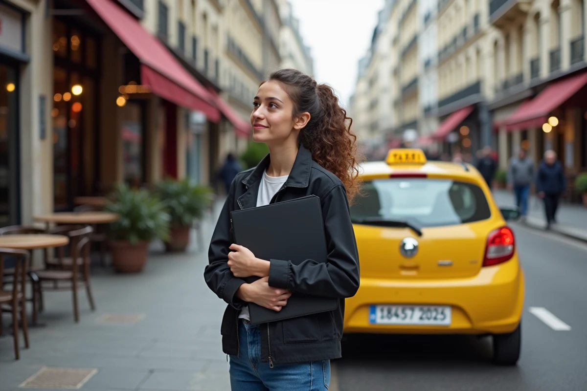 Jeune femme avec dossier devant un taxi parisien jaune