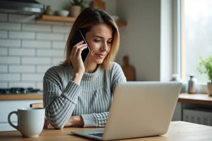 Femme au téléphone avec le service consommateur Darty depuis sa cuisine, ordinateur portable ouvert devant elle
