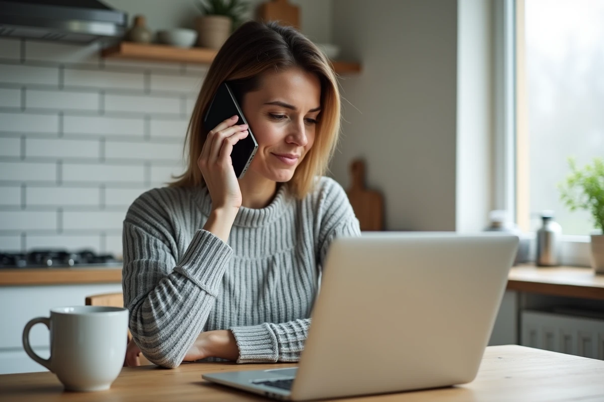 Femme au téléphone avec le service consommateur Darty depuis sa cuisine, ordinateur portable ouvert devant elle