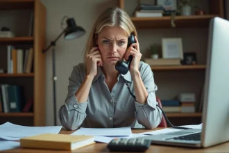 Femme en difficulté financière au téléphone avec l'Urssaf à son bureau à domicile