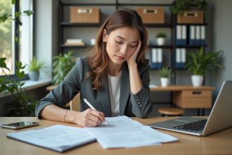 Jeune femme en bureau moderne examine documents financiers