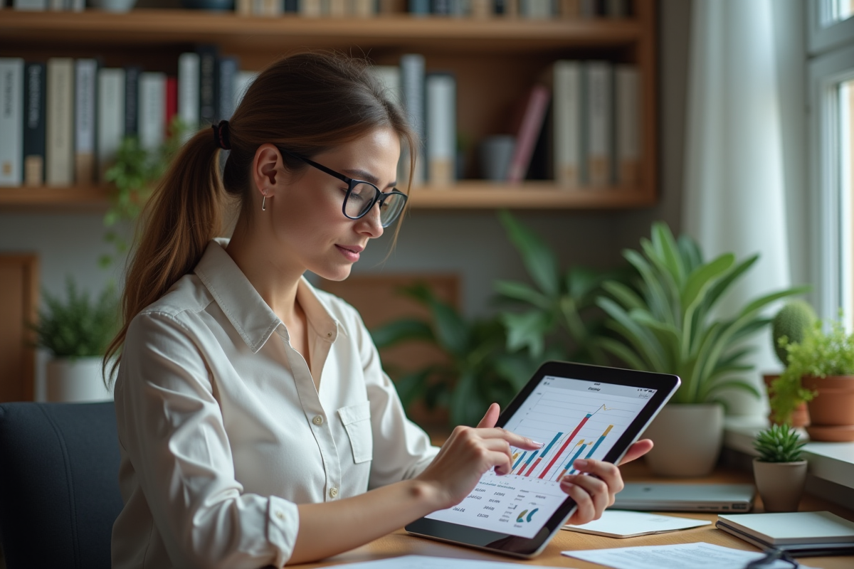 Femme en télétravail analysant des données sur sa tablette