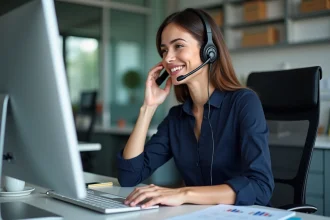Femme concentrée au bureau avec casque et ordinateur