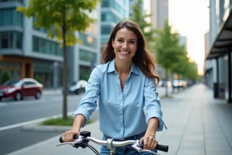Femme souriante en ville avec vélo lumineux