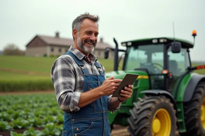 Fermeur utilisant une tablette dans un champ avec un tracteur