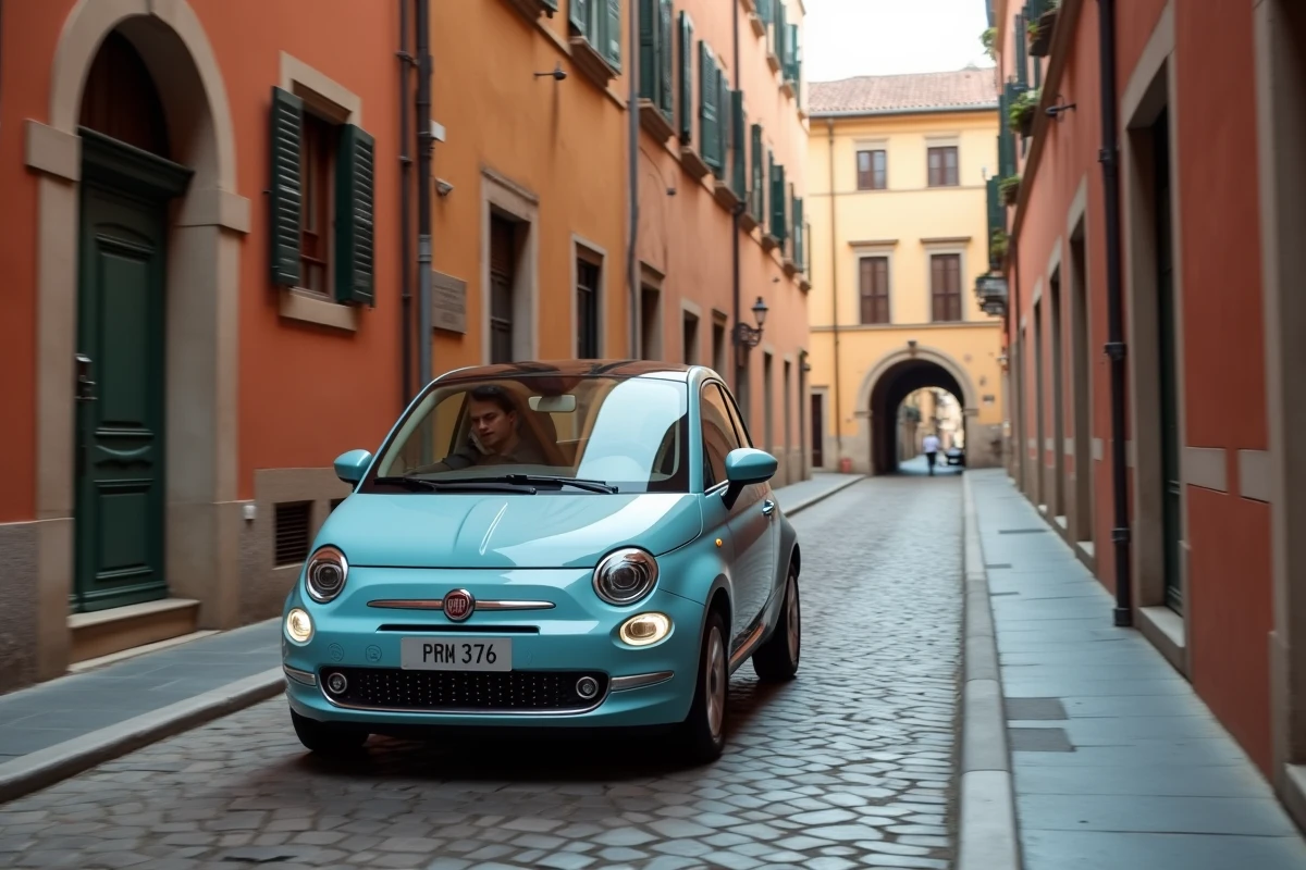 Fiat 500e électrique dans une ruelle pavée d'une ville italienne historique, modèle emblématique du groupe Stellantis