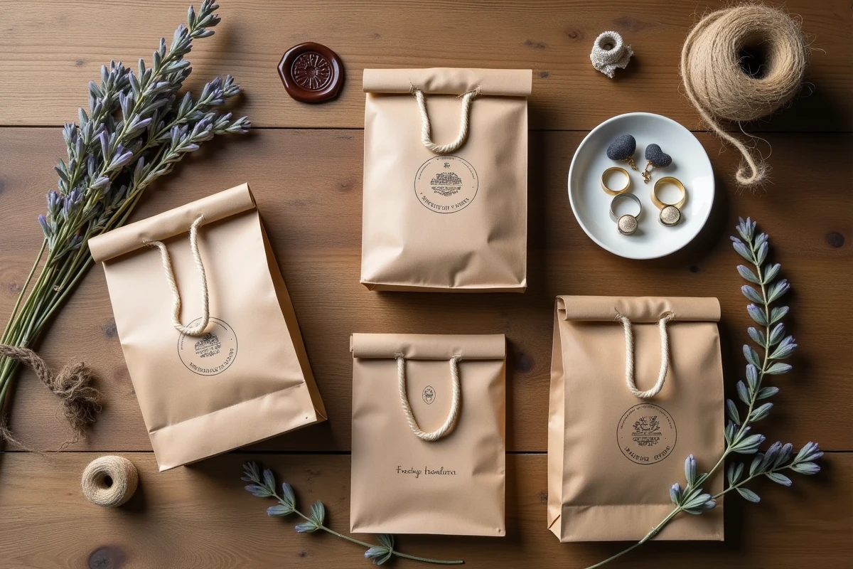 Flat lay de sacs papier kraft personnalisés en petite quantité entourés de créations artisanales faites main