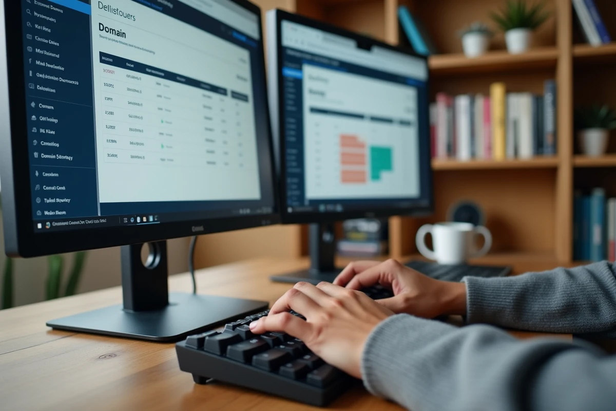 Mains tapant sur un clavier devant un tableau de bord de gestion de noms de domaine sur double écran
