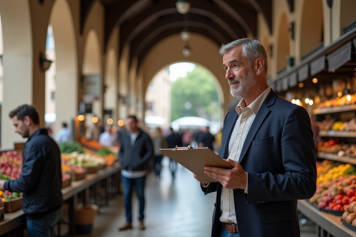 Marchand de marché vérifiant un carnet dans un marché intérieur
