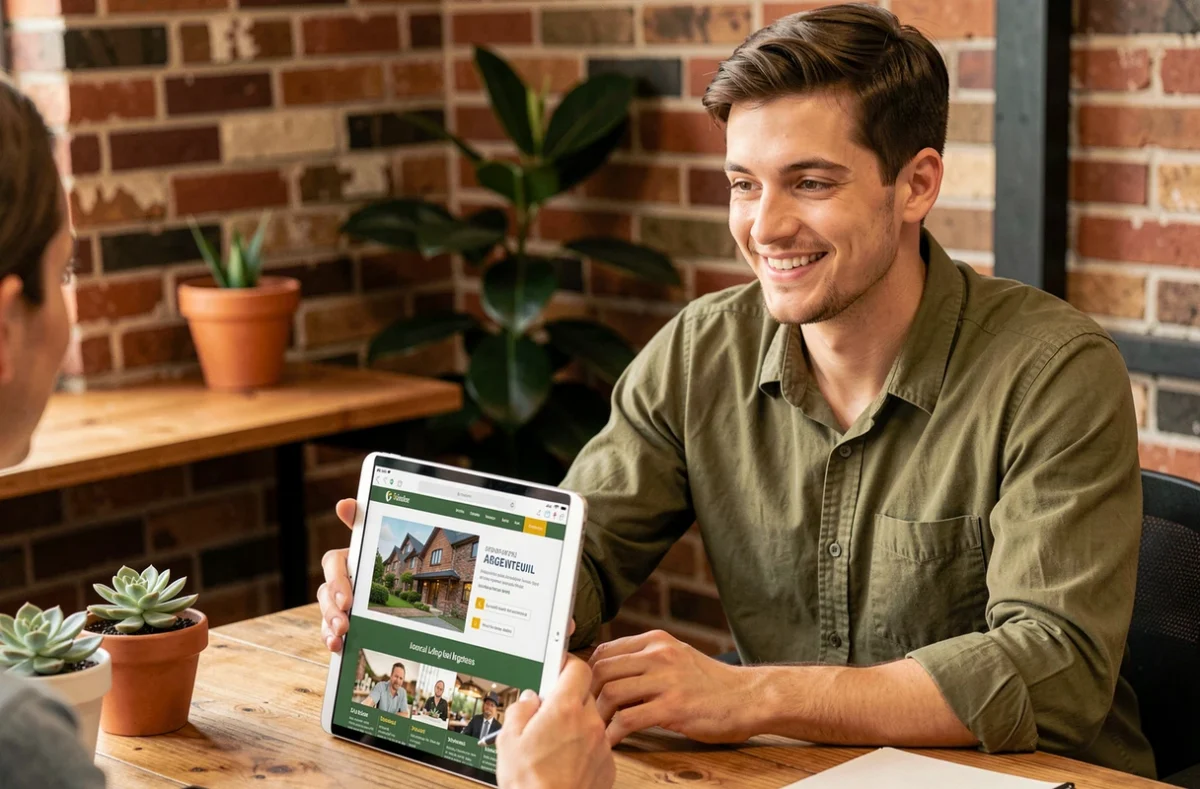 Concepteur web de Gini Concept Web présentant un site internet à un client dans leur agence d'Argenteuil