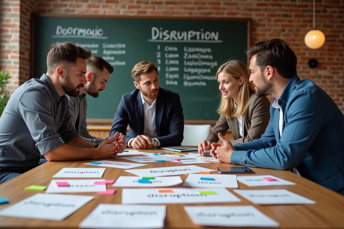 Groupe de collègues en discussion dans un espace moderne