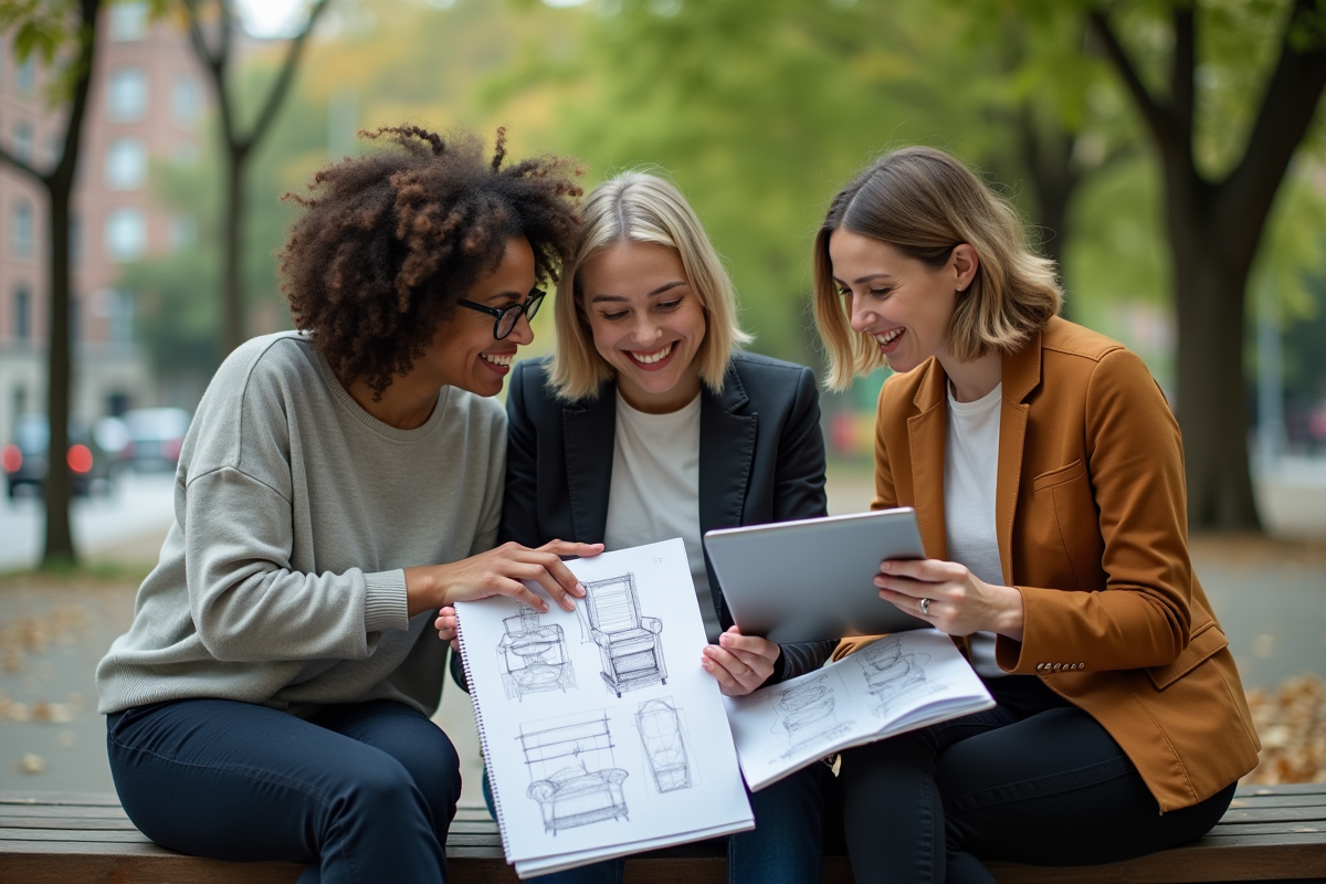 Groupe de trois adultes discutant dans un parc en plein air