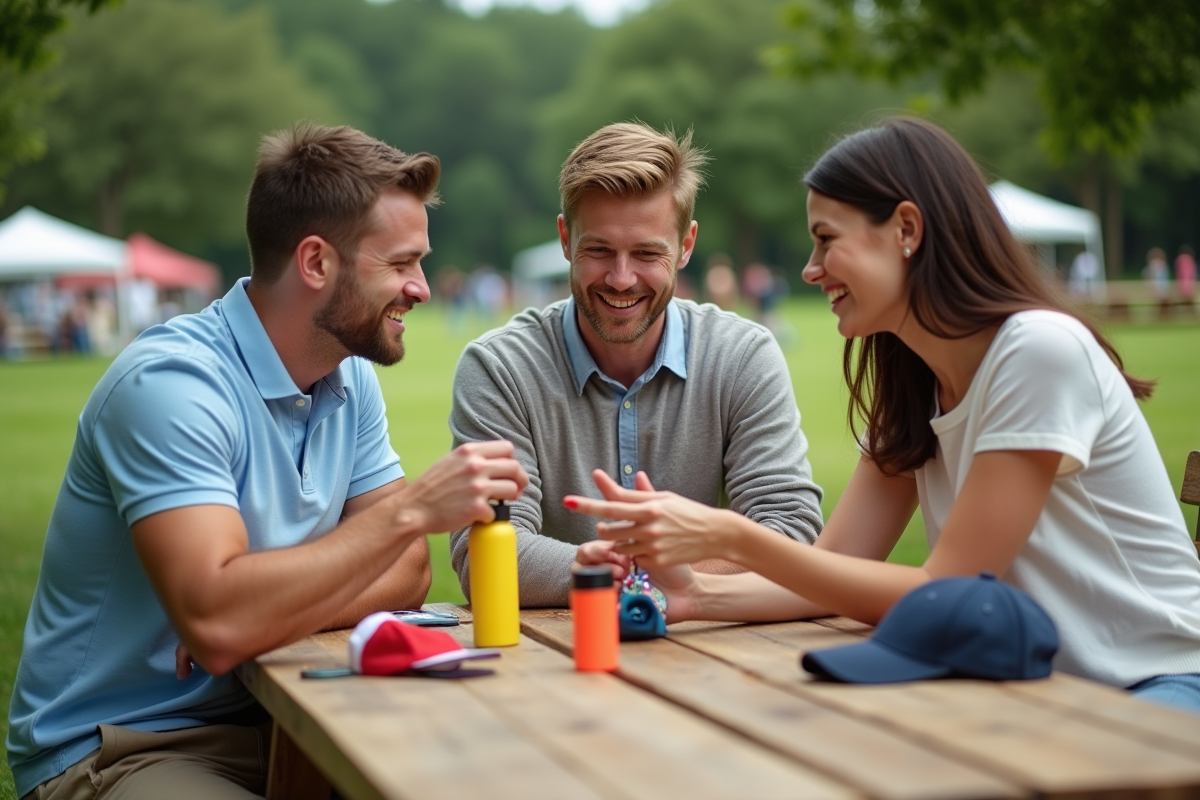 Groupe divers de collègues partageant produits promotionnels en extérieur