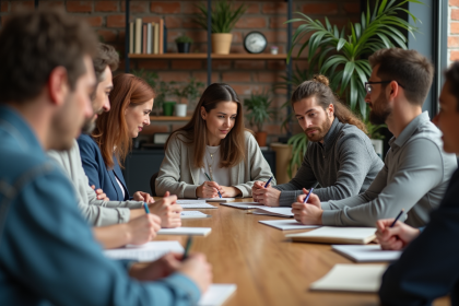 Groupe diversifié en atelier collaboratif en intérieur