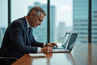Homme d'affaires en costume dans un bureau moderne