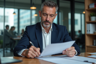 Homme d affaires en costume navy examine un contrat