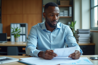 Homme africain en bureau examinant documents comptables