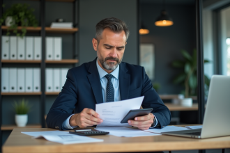 Homme d'affaires en costume bleu examinant des documents