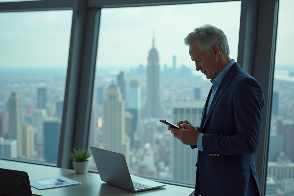 Homme d affaires vérifiant son smartphone avec vue urbaine