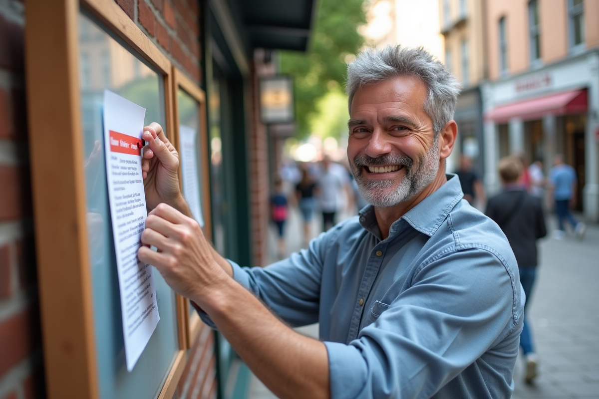 Homme pinçant un flyer sur un panneau urbain