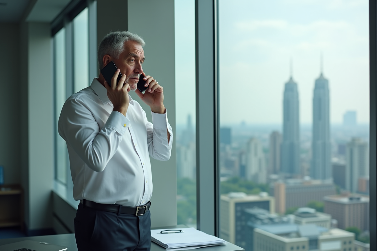 Homme parlant au téléphone dans un bureau avec vue urbaine moderne