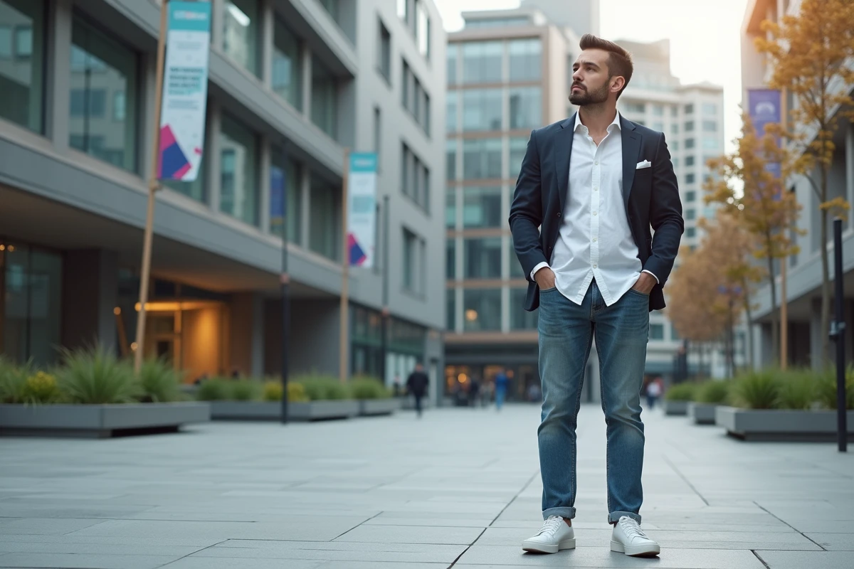 Homme basque en blazer dans une place urbaine moderne