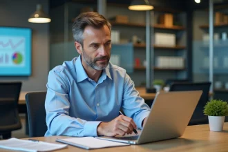 Homme d'âge moyen analysant des rapports de ventes au bureau