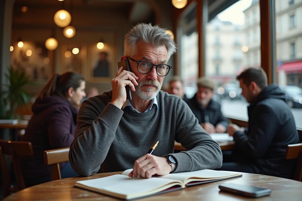 Homme freelance parlant au téléphone dans un café parisien
