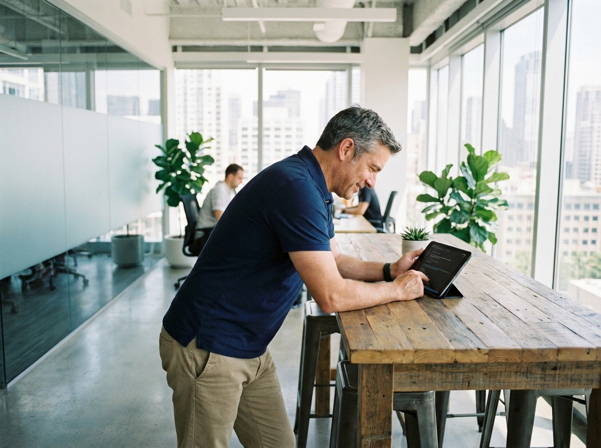Homme vérifiant du code dans un espace de coworking lumineux
