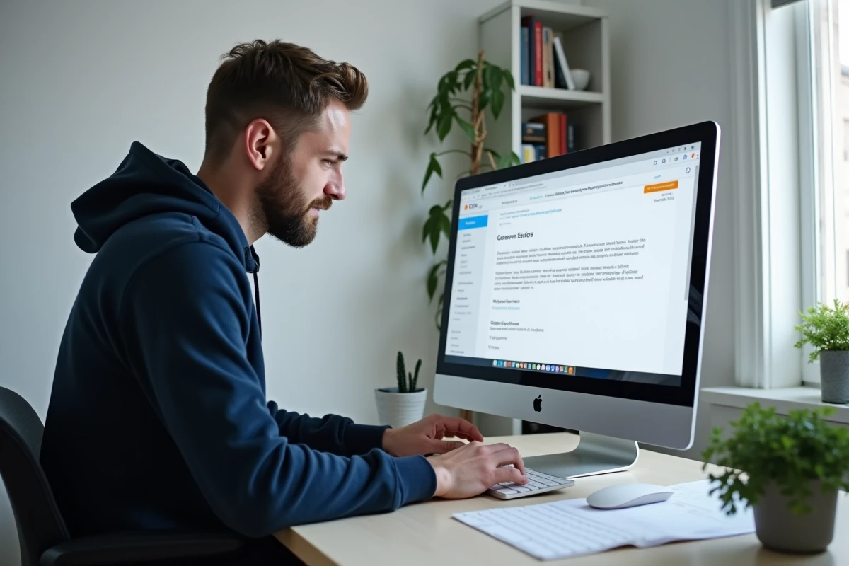 Homme rédigeant un email de réclamation au service consommateur Darty depuis son bureau à domicile