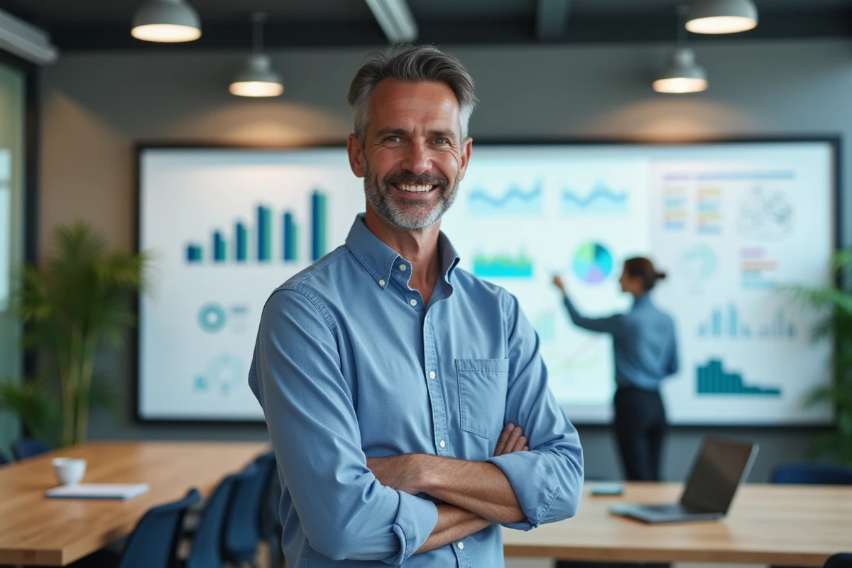 Homme d affaires devant tableau blanc et dashboards