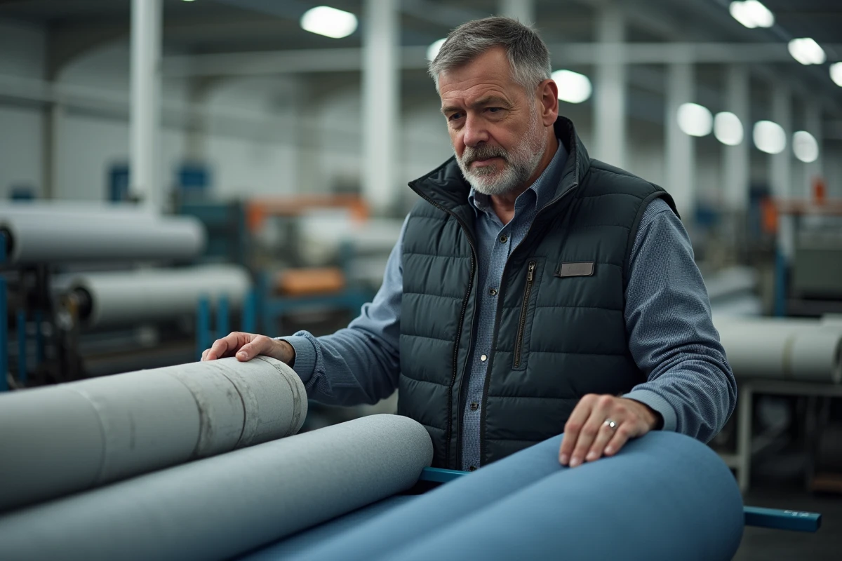 Homme inspectant des rouleaux de tissu technique en usine
