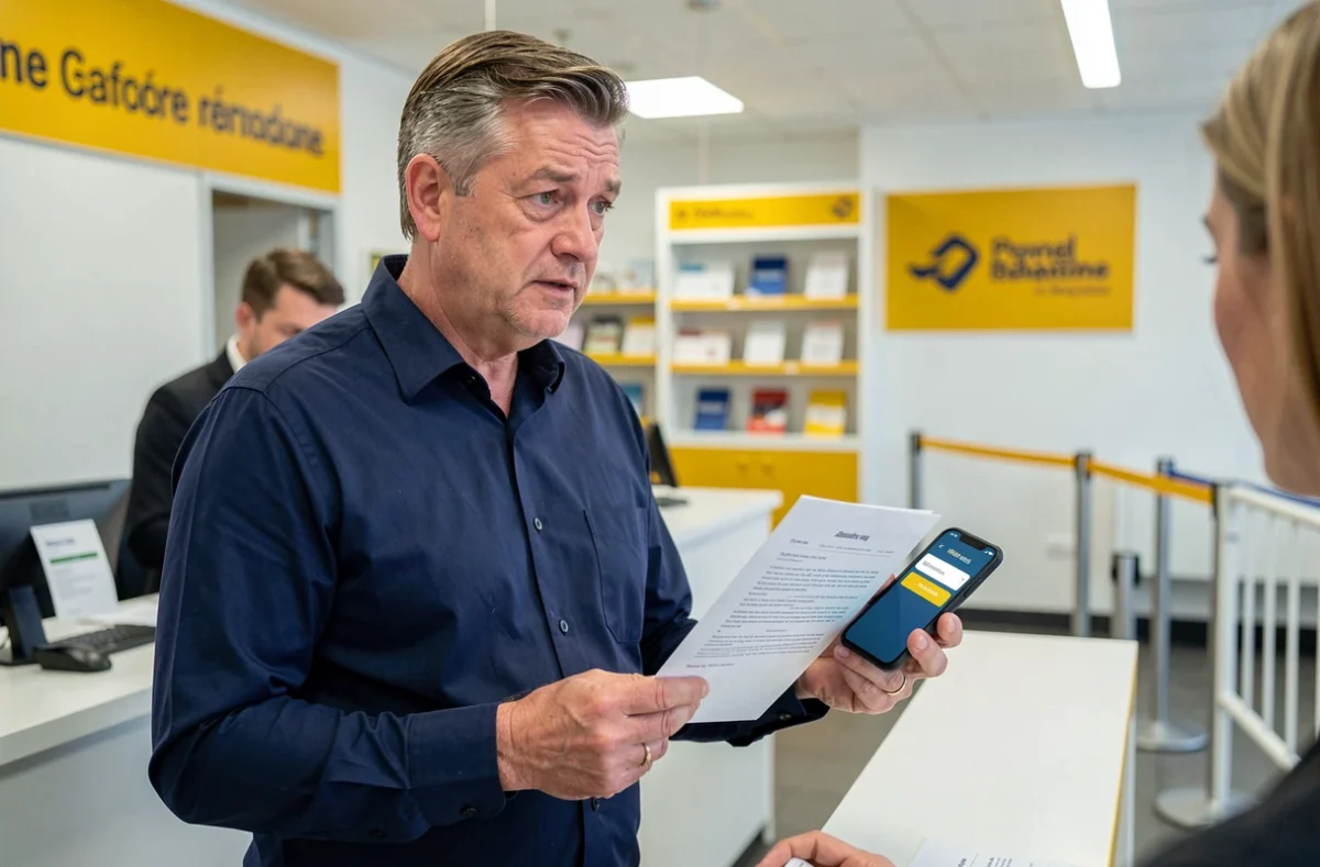 Homme se renseignant auprès d'un guichet de La Poste sur les nouveaux avantages disponibles après la suppression du Portail-malin