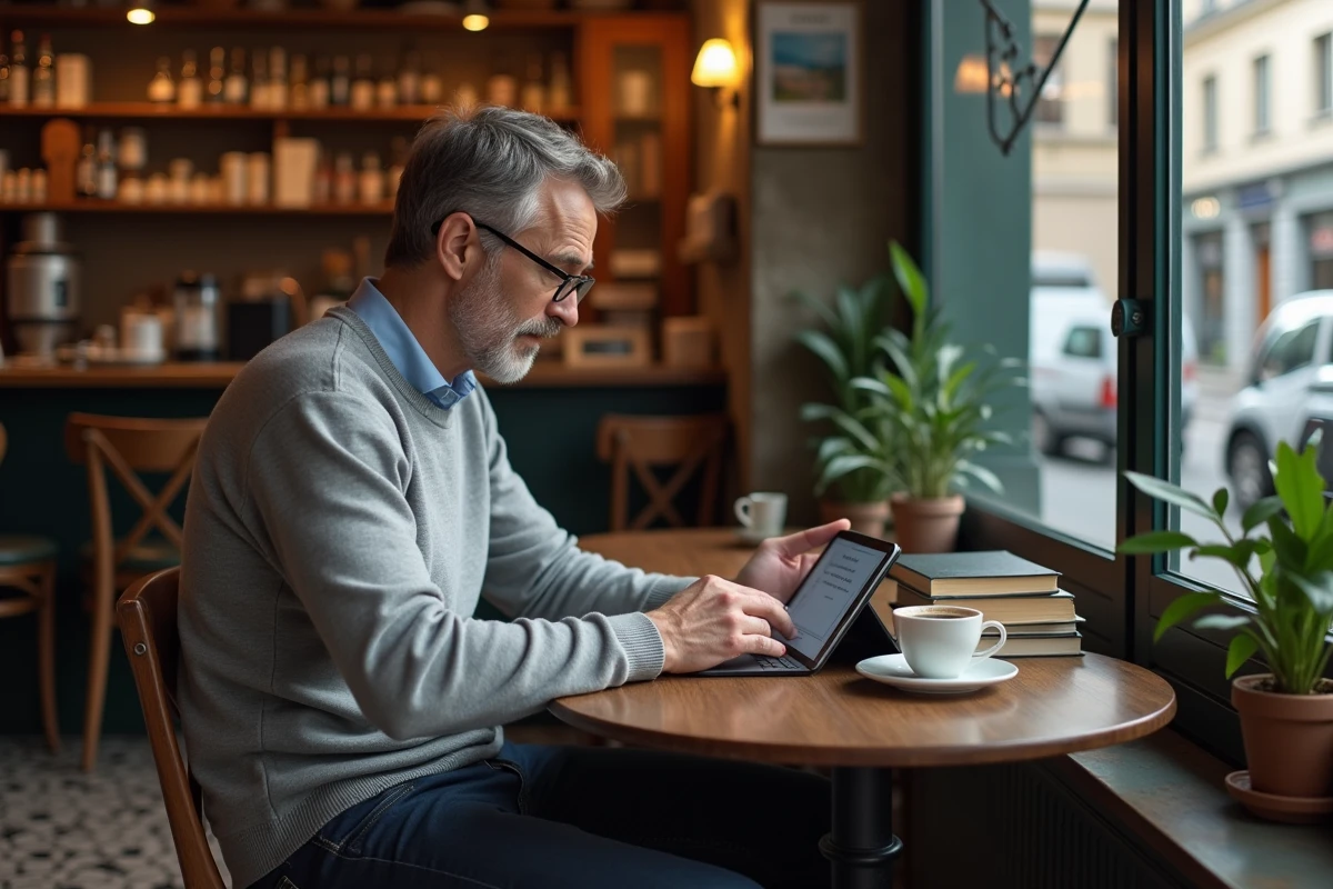 Homme utilisant une IA conversationnelle en français sur tablette dans un café parisien