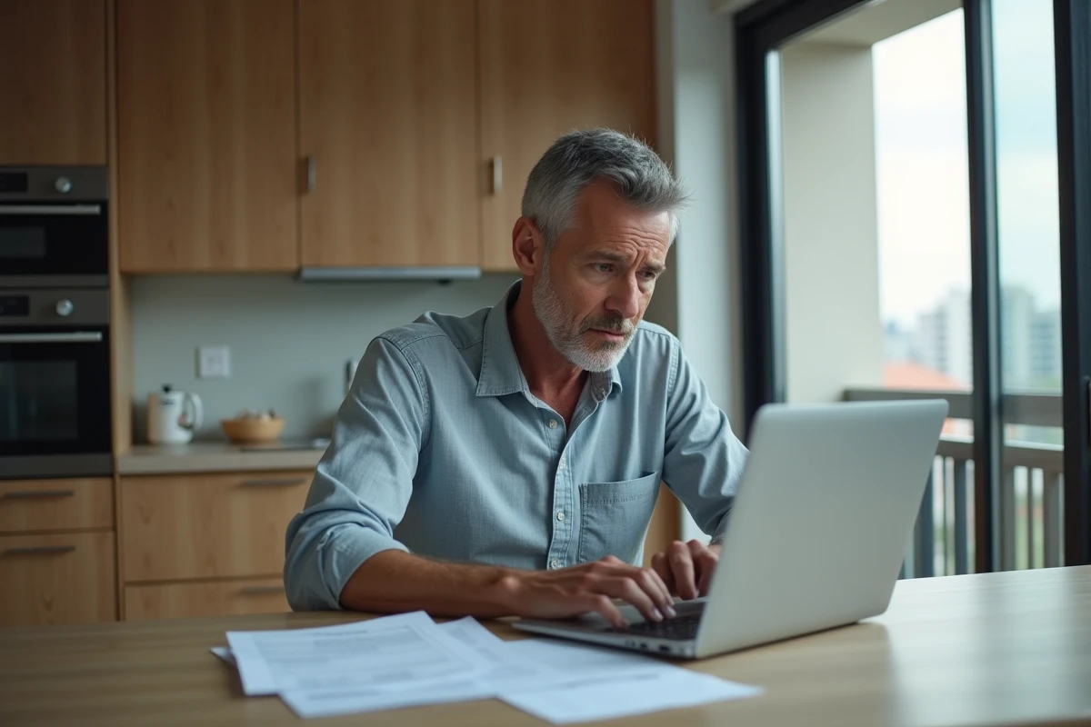 Homme inquiet regardant son ordinateur dans une cuisine moderne