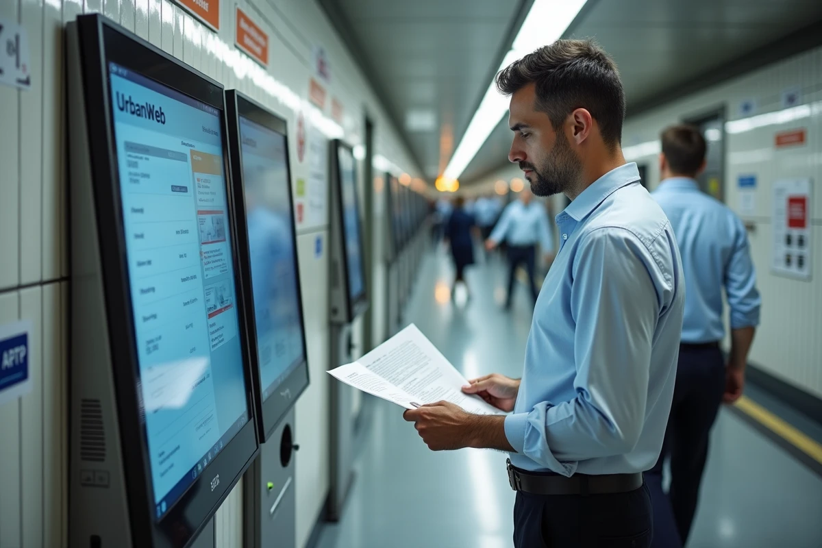Homme consultat Urbanweb sur kiosque dans espace RATP