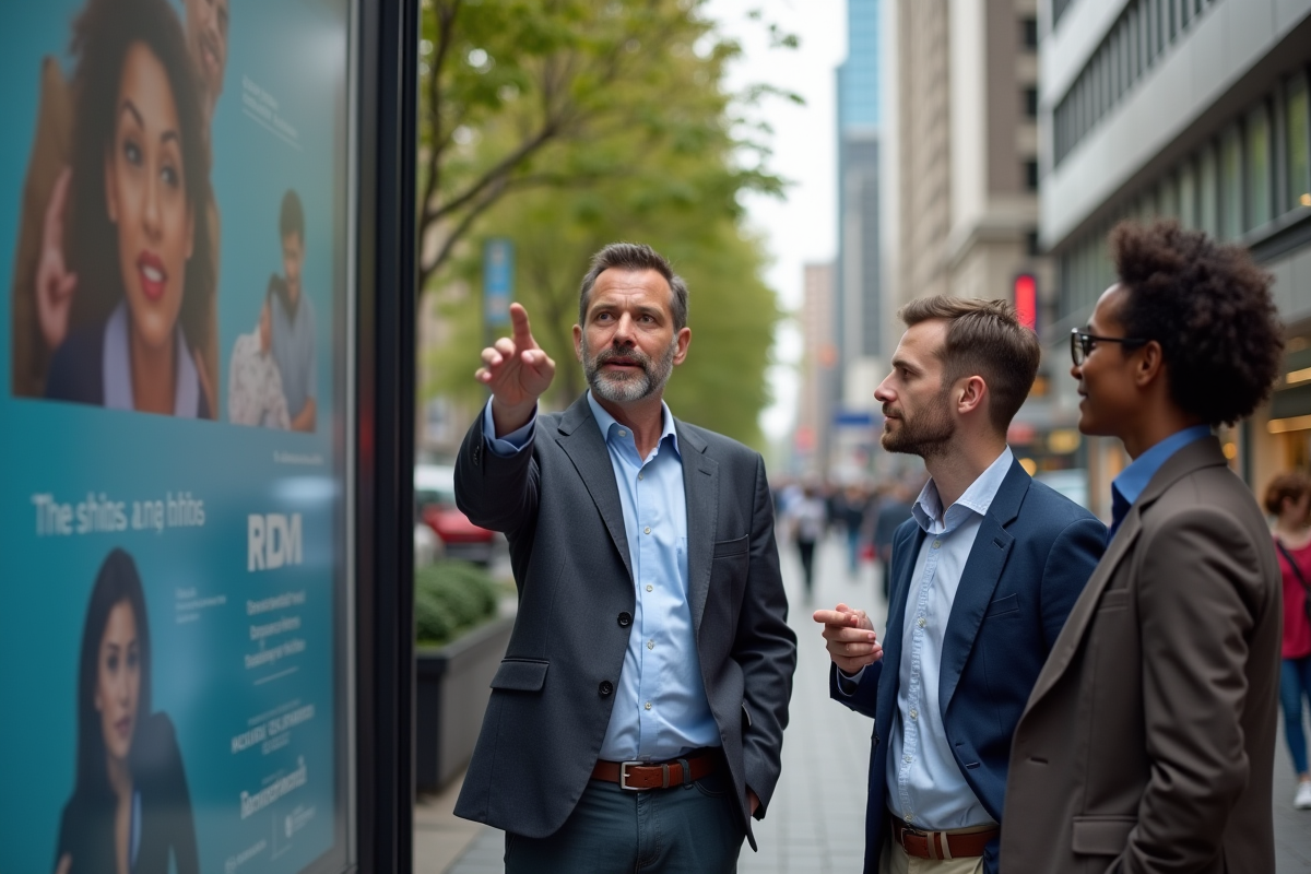 Homme marketer discutant devant un billboard en ville