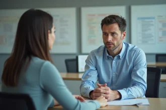 Homme d age moyen en discussion avec une femme à la mairie