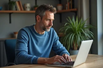 Homme d'âge moyen utilisant le portail Orange sur son ordinateur