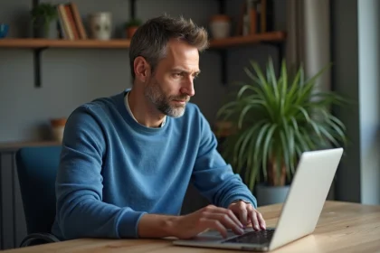 Homme d'âge moyen utilisant le portail Orange sur son ordinateur