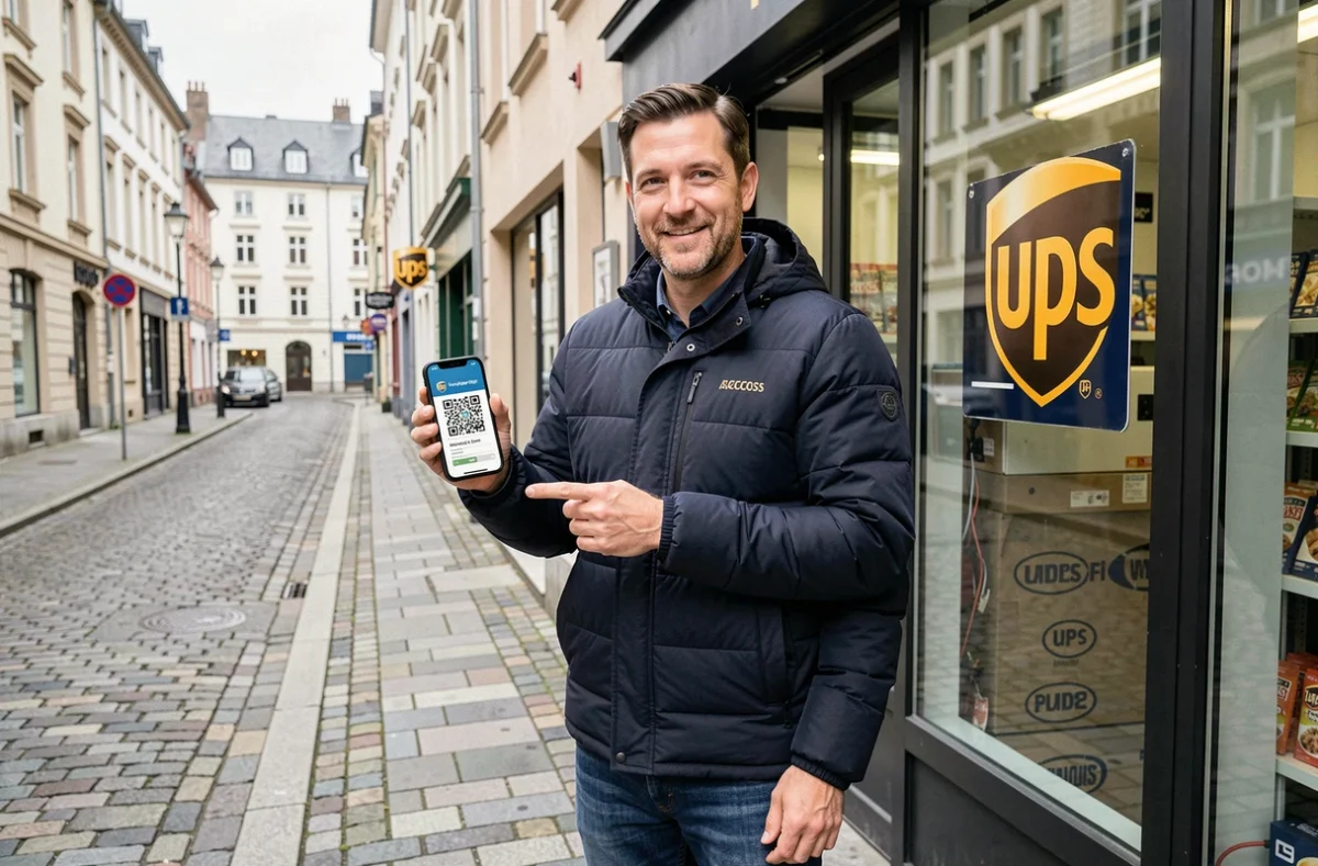 Homme consultant son téléphone devant un point relais UPS en ville pour suivre sa livraison internationale