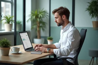 Homme français analysant un tableau SEO dans un bureau moderne