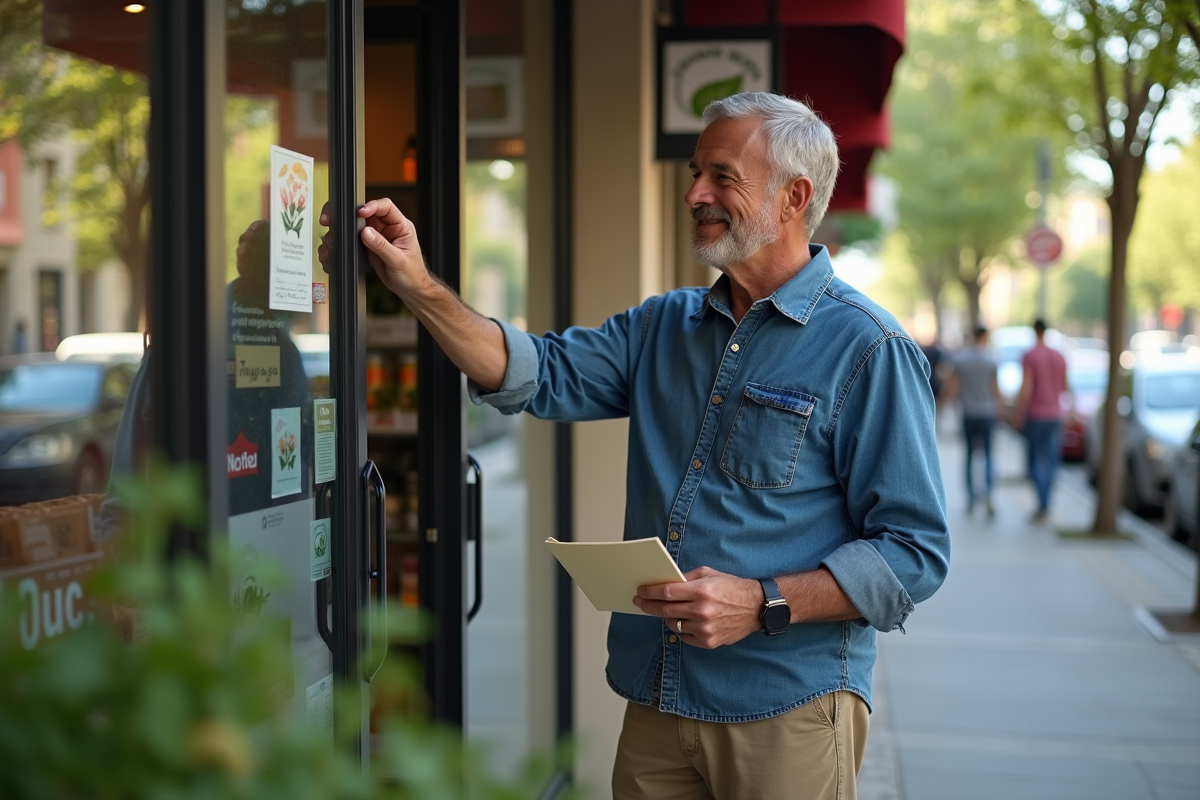 Homme posant un sticker sur la porte d’un magasin bio