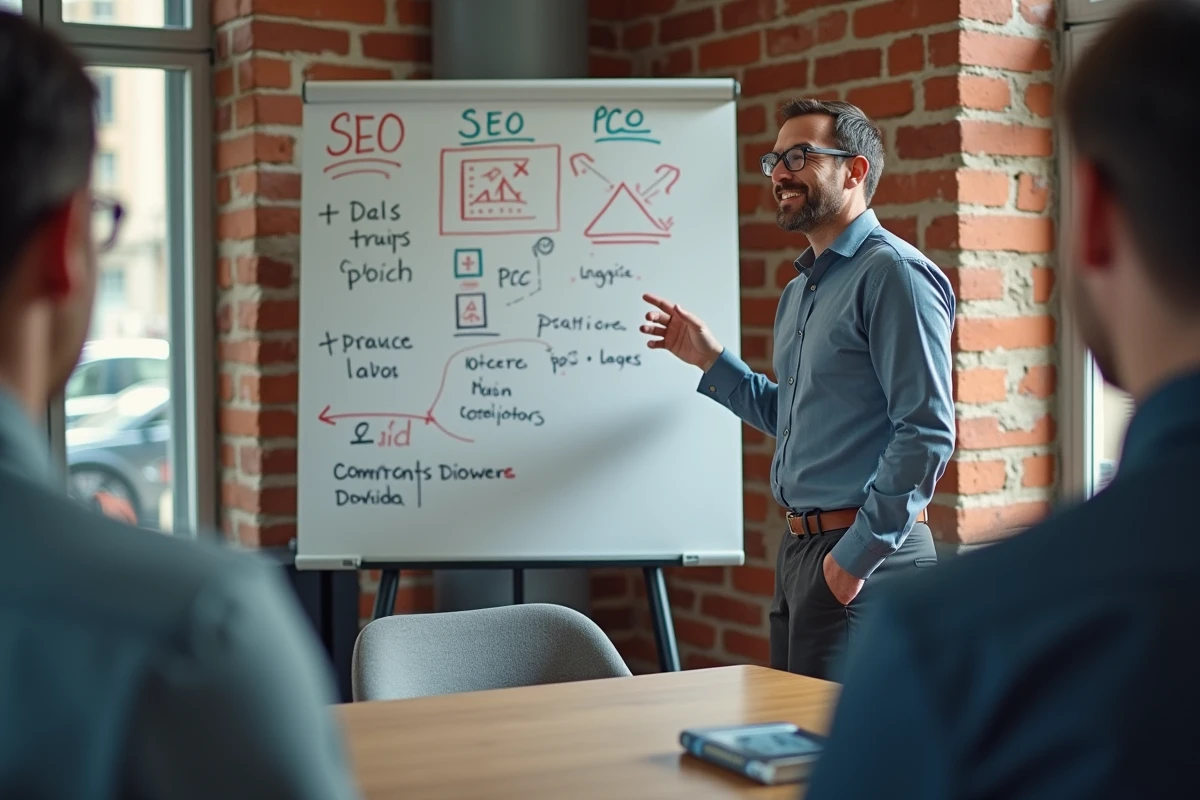 Homme expliquant des stratégies SEO et PPC sur un tableau blanc